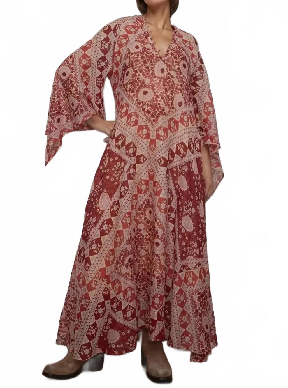 NEW BLUE BOHEME audrey printed butterfly sleeves maxi dress in red